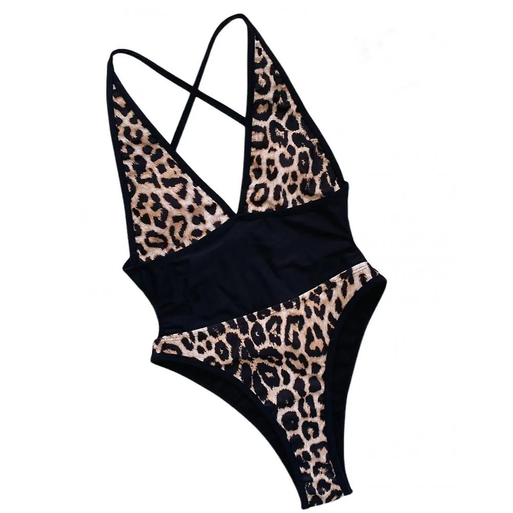 1-piece Swimsuit, Leopard Bikini, Splicing Swimsuit Strap, Body-fitting, Deep V-neck, Backless for Bathing (M)