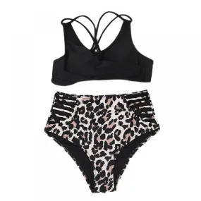 Back Cross Strap Swimsuit Suit with High Waist Cut-out Split Sexy Female Beach Bikini Black+leopard Print Split Swimsuit (L)