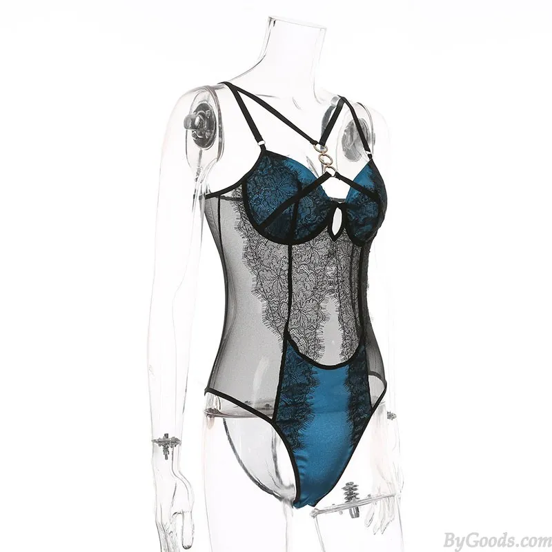 Blue Teddy Lingerie For Women Mesh Stitching Ring Buckle Corset Lace One-piece Underwire Bodysuit Lingerie