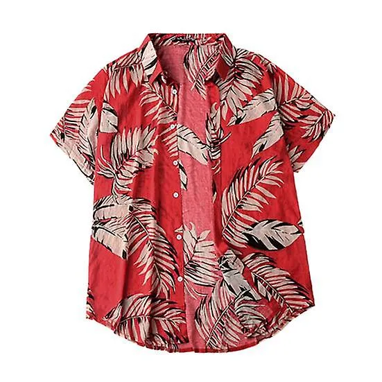 Daydreamer Men Shirt Lapel Leaf Print Lightweight Short Sleeve Buttons Hawaiian Shirt for Club