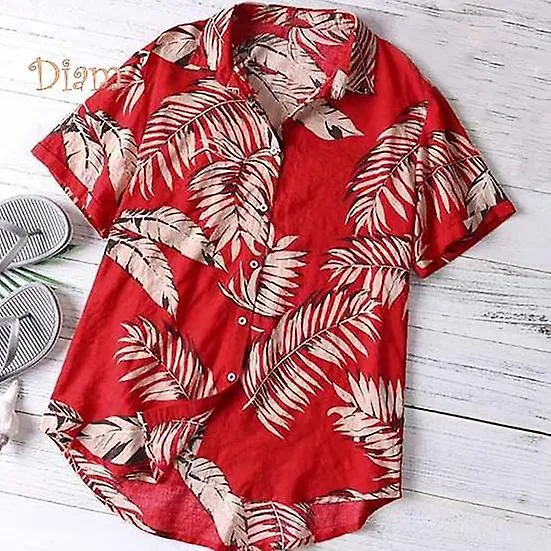 Daydreamer Men Shirt Lapel Leaf Print Lightweight Short Sleeve Buttons Hawaiian Shirt for Club