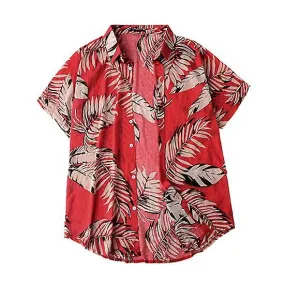 Daydreamer Men Shirt Lapel Leaf Print Lightweight Short Sleeve Buttons Hawaiian Shirt for Club