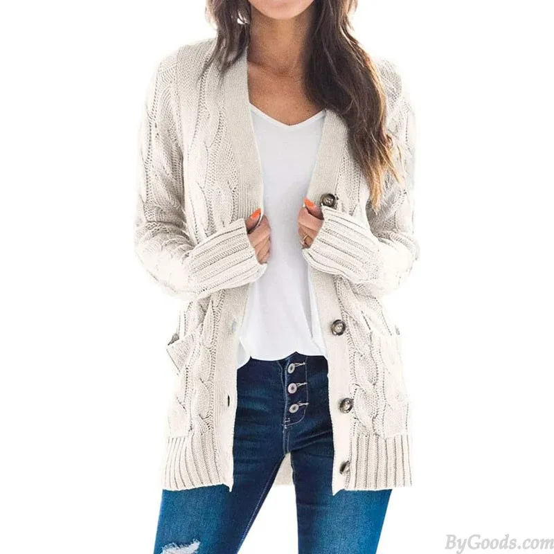 Fashion Women's Open Front Twist Sweaters Button Long Sleeve Chunky Knit Outwear Winter Coats Cardigan