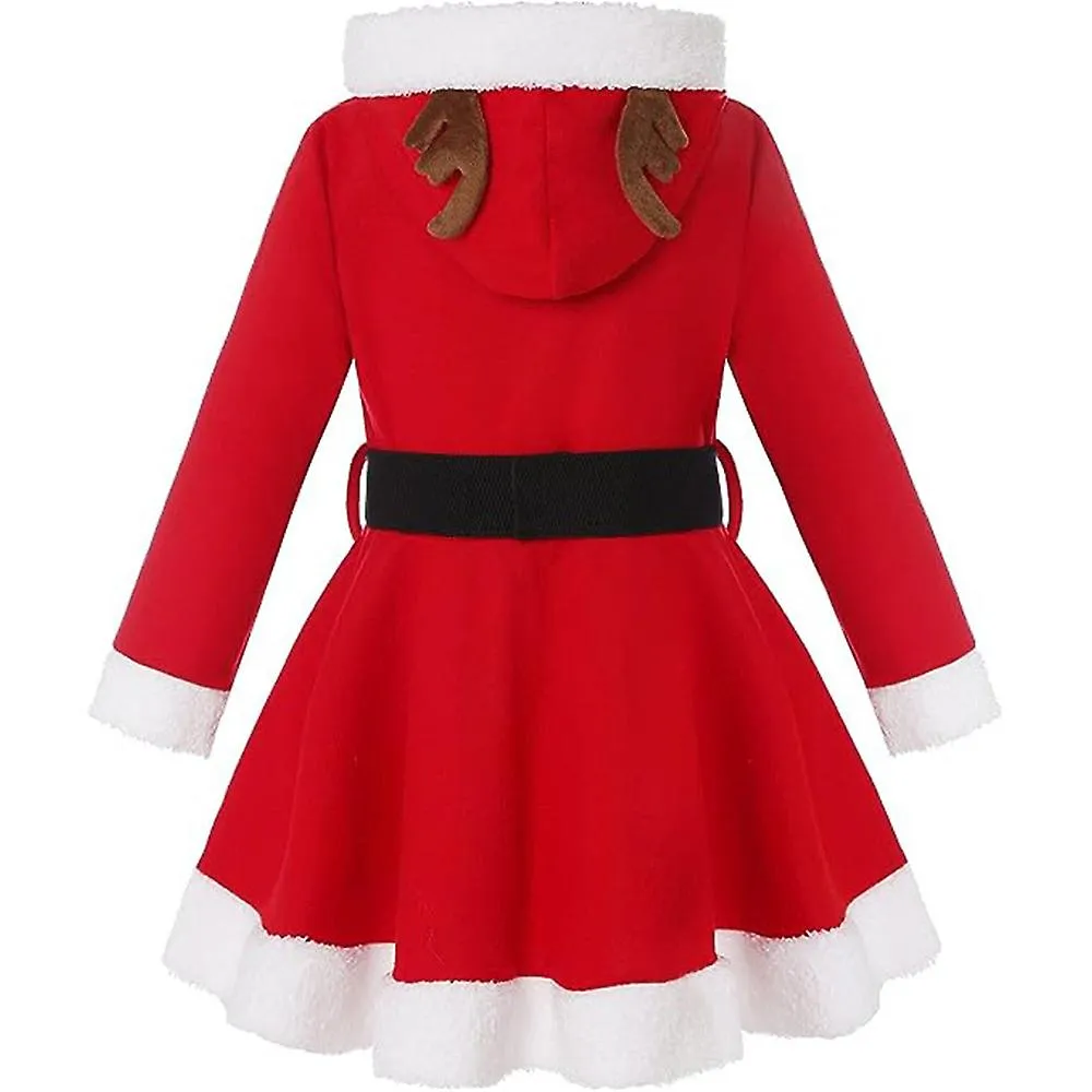 Kids Girls Christmas Party Elk Santa Cosplay Hooded Long Sleeve Swing Dress Xmas Stage Performance Costume Gifts