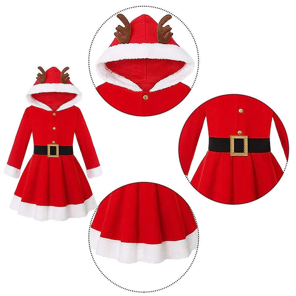 Kids Girls Christmas Party Elk Santa Cosplay Hooded Long Sleeve Swing Dress Xmas Stage Performance Costume Gifts