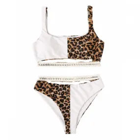 Leopard White Color Contrast Sexy Split Triangle High Waist Bikini Underwaist Swimsuit for Holiday (m)