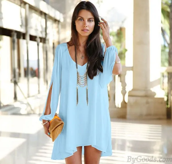 Loose Deep V Slit Long Sleeve Irregular Cut Chiffon Dress
