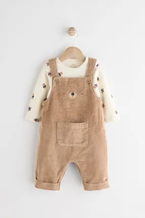 Marrón tostado - Cord 100% Cotton Baby Dungarees and Bodysuit Set (0mths-2yrs)