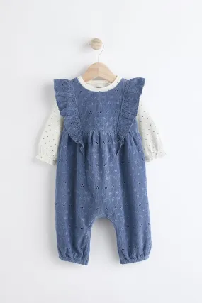 Navy Blue Broderie - Baby Corduroy Dungarees and Long Sleeve Bodysuit Set (0mths-2yrs)