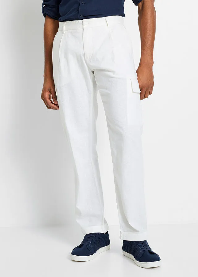 Pantalón cargo regular fit con lino, straight Blanco