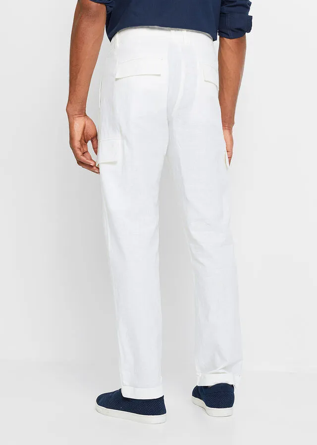 Pantalón cargo regular fit con lino, straight Blanco