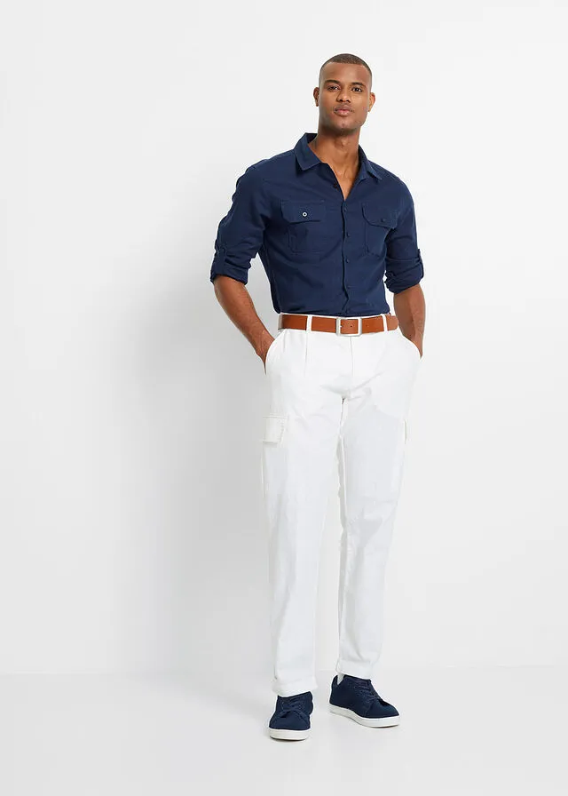 Pantalón cargo regular fit con lino, straight Blanco