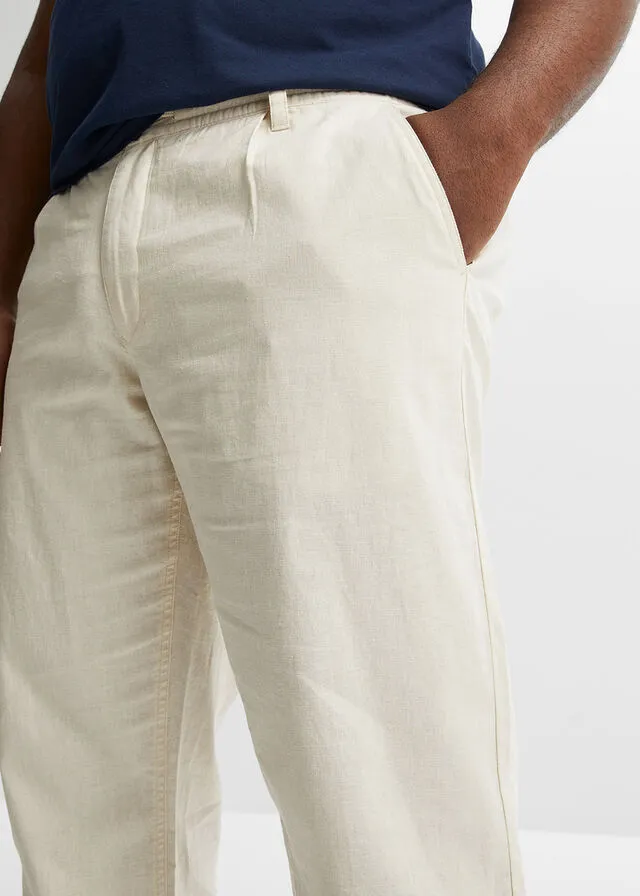 Pantalón chino de lino sin cierre de corte regular y recto Beige-arena