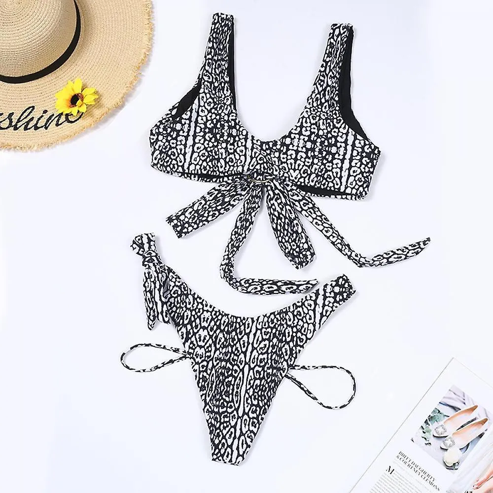 Ring Decorative Leopard Cut out Bikini, Deep V-neck, Backless Erotogenic Swimsuit for Vacation, Bathing (L)