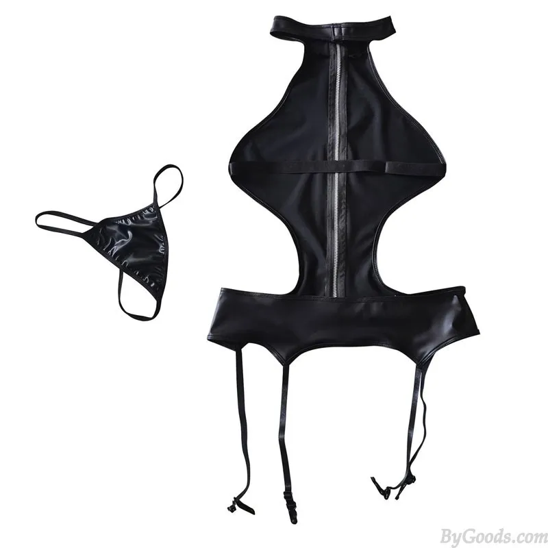 Sexy Black Patent Leather Zippers Halter Garter Belt With Thong Underwear Bodysuit Tightly Backless Women's Lingerie