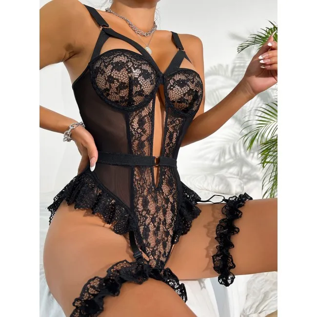 Sexy Embroidery Flower Lace Hollow Sheer Mesh Leg Rings Garter Belt Nightwear Clubwear Leotard Strap Women's Lingerie Erotic Ted