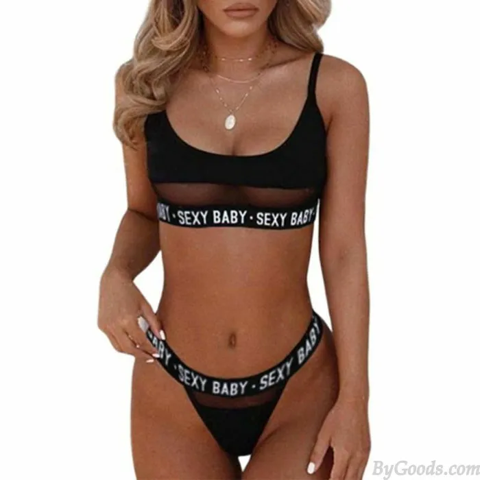 Sexy Mesh Sexy Baby Letter Stitching Bra Panty 2 Piece Set Perspective Bodysuit Women's Intimate Lingerie