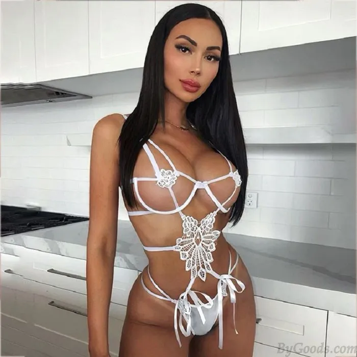 Sexy Stitching Strappy Bow Bodysuit Flower Lace Hollow Teddy Bodysuit Women's Lingerie