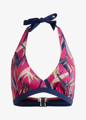 Sujetador de bikini cuello halter Azul marino-fucsia estampado