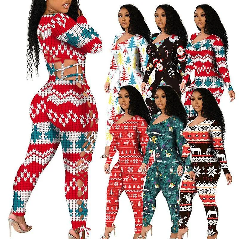 Women's long sleeve one piece pajamas rompers bodysuit homewear printed christmas jumpsuits