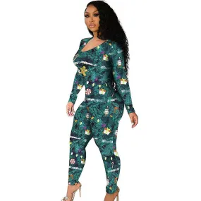 Women's long sleeve one piece pajamas rompers bodysuit homewear printed christmas jumpsuits