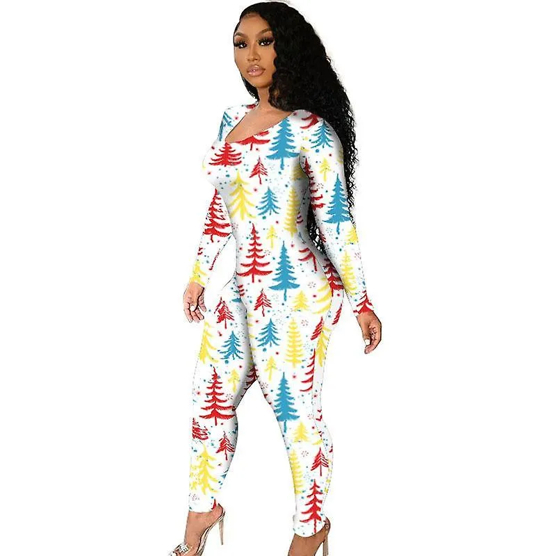 Women's long sleeve one piece pajamas rompers bodysuit homewear printed christmas jumpsuits