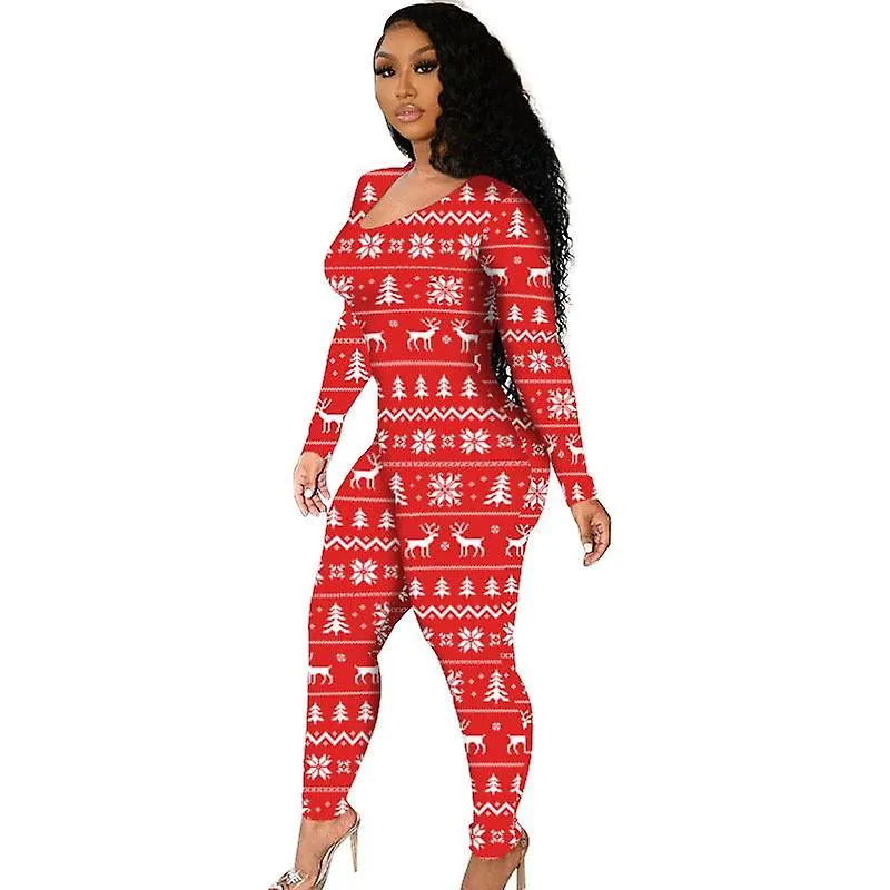 Women's long sleeve one piece pajamas rompers bodysuit homewear printed christmas jumpsuits