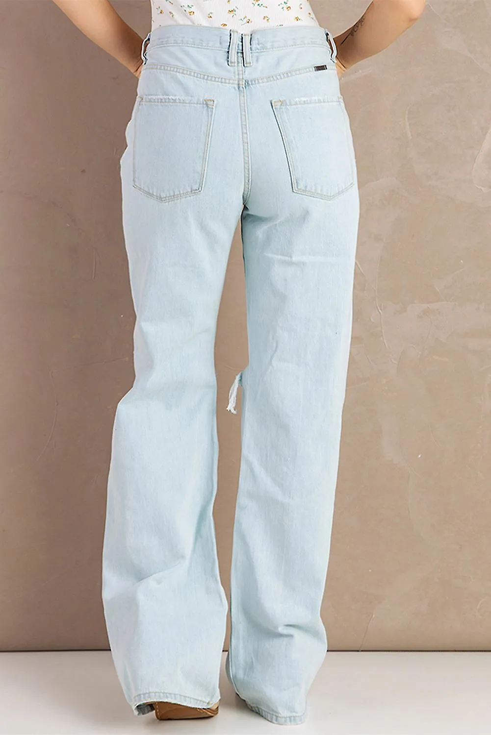 Women's Sky Blue Washed Ripped Knee Wide Legs Jeans