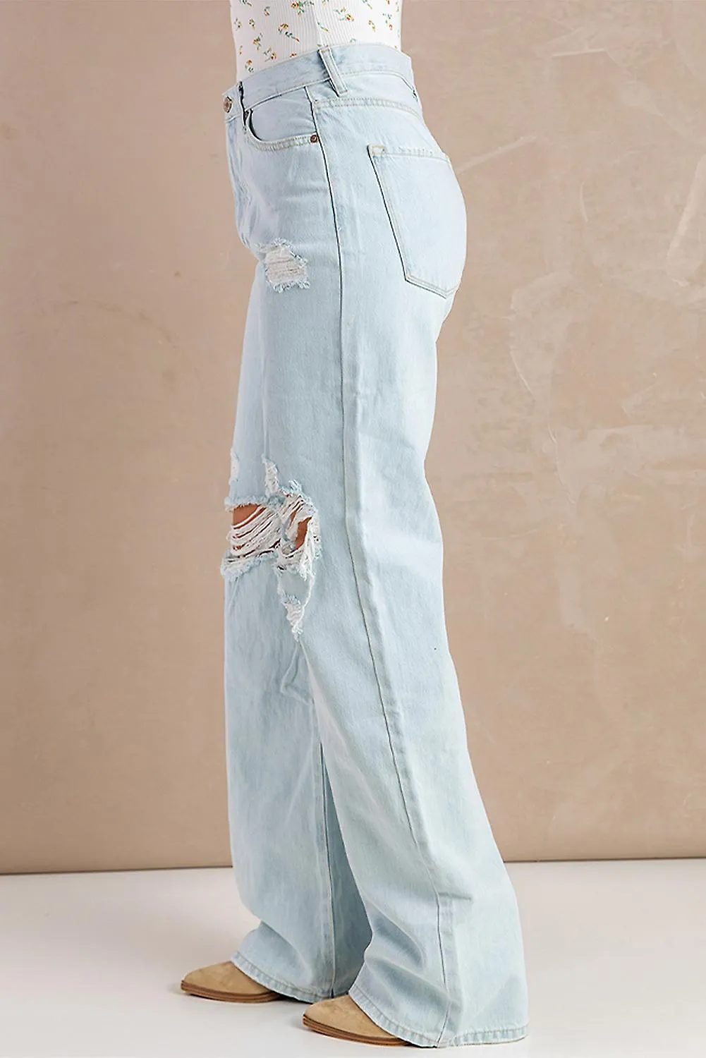 Women's Sky Blue Washed Ripped Knee Wide Legs Jeans