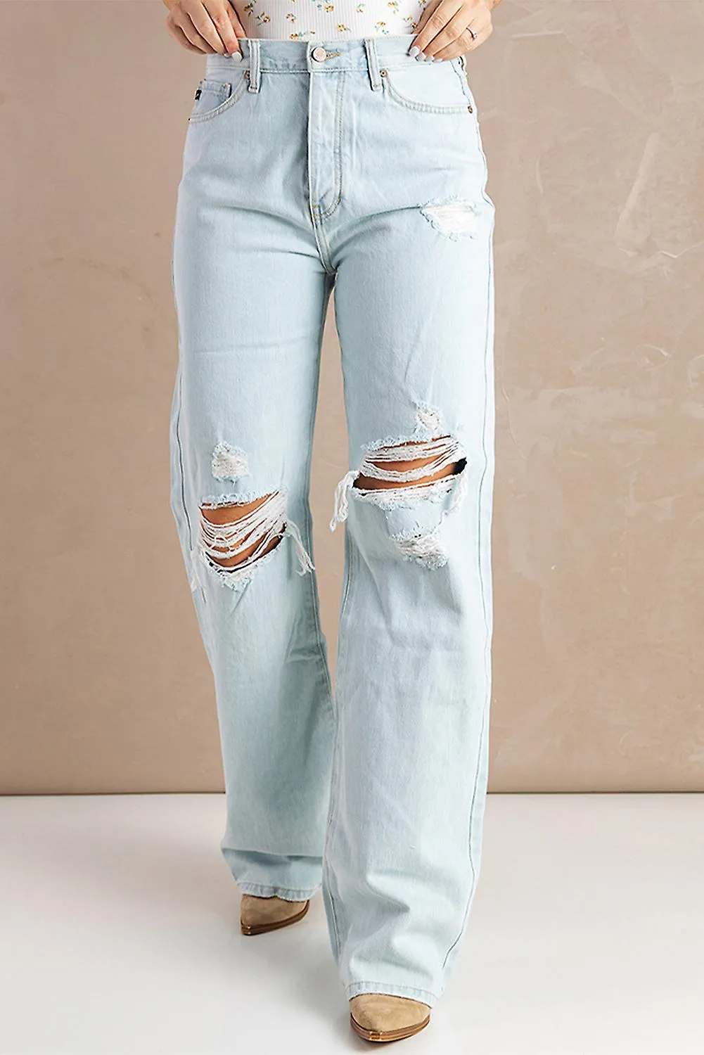 Women's Sky Blue Washed Ripped Knee Wide Legs Jeans